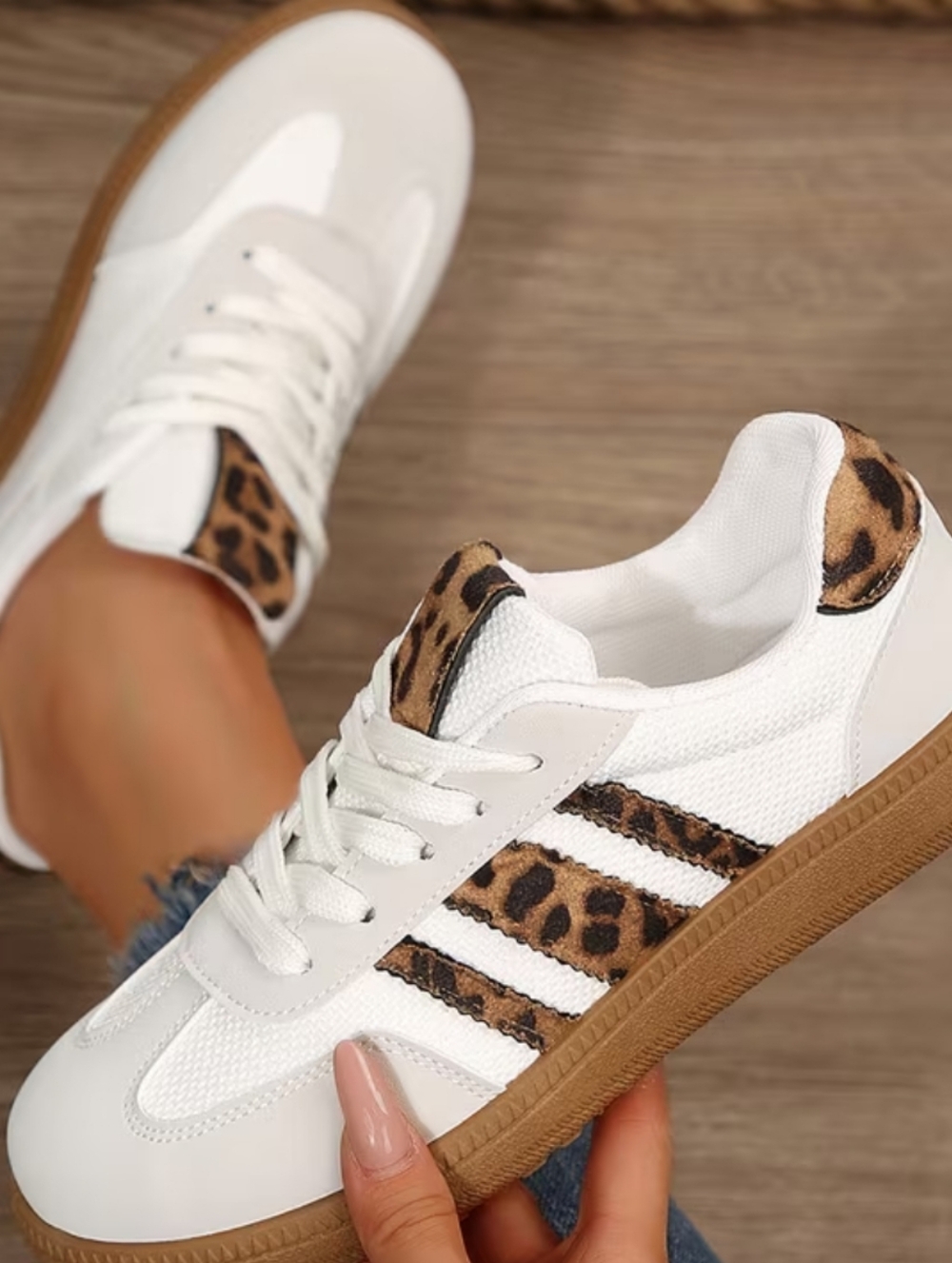 Women’s White Sneakers with Leopard Accent